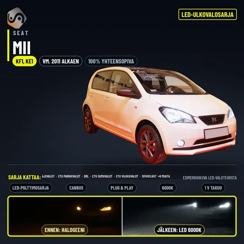SEAT Mii 2011--> LED-päivityssarja ulkovaloihin (ajovalot, vilkut, sumuvalot, peruutusvalot)