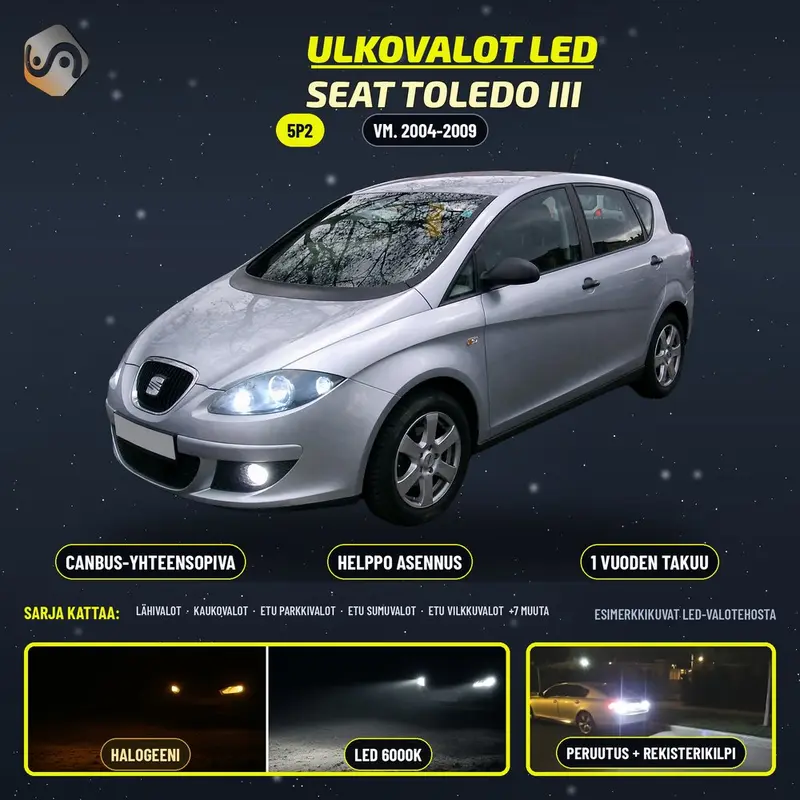 SEAT TOLEDO III 2004-2009 LED-päivityssarja ulkovaloihin (ajovalot, vilkut, sumuvalot, peruutusvalot)