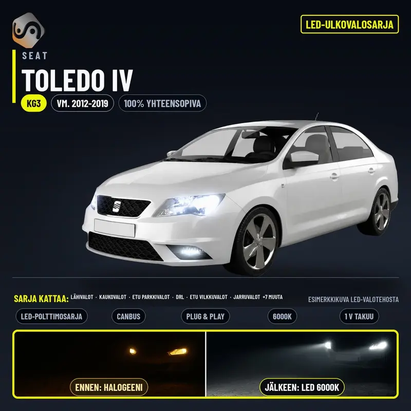 SEAT TOLEDO IV 2012-2019 LED-päivityssarja ulkovaloihin (ajovalot, vilkut, sumuvalot, peruutusvalot)
