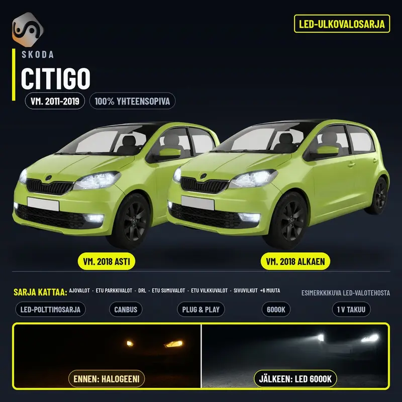 SKODA CITIGO 2011-2019 LED-päivityssarja ulkovaloihin (ajovalot, vilkut, sumuvalot, peruutusvalot)