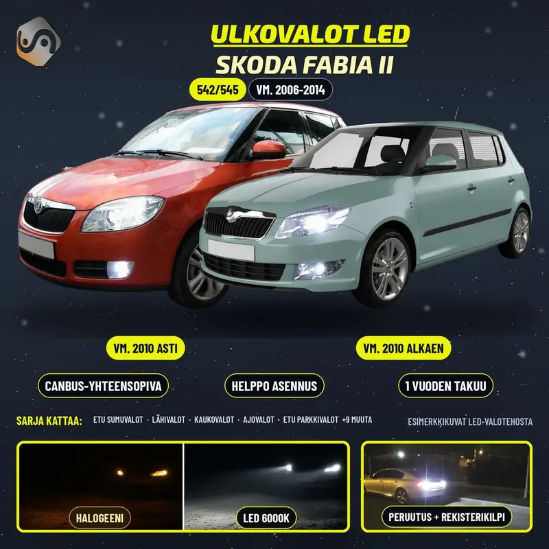 SKODA FABIA II LED-päivityssarja ulkovaloihin (ajovalot, vilkut, sumuvalot, peruutusvalot)