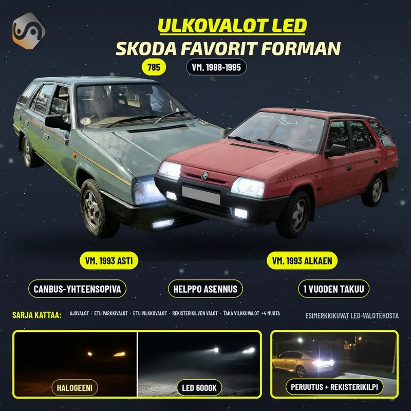 SKODA FAVORIT Forman 1988-1995 LED-päivityssarja ulkovaloihin (ajovalot, vilkut, sumuvalot, peruutusvalot)