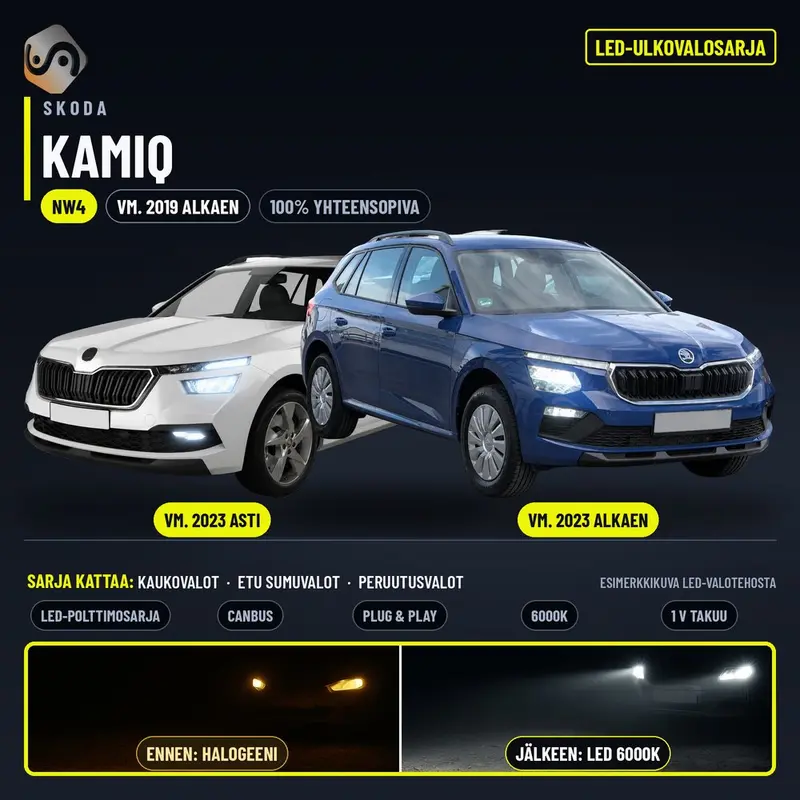 SKODA KAMIQ 2019--> LED-päivityssarja ulkovaloihin (ajovalot, vilkut, sumuvalot, peruutusvalot)