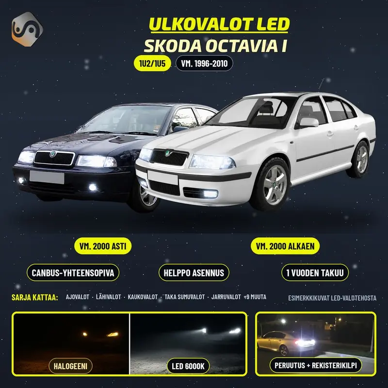 SKODA OCTAVIA I LED-päivityssarja ulkovaloihin (ajovalot, vilkut, sumuvalot, peruutusvalot)