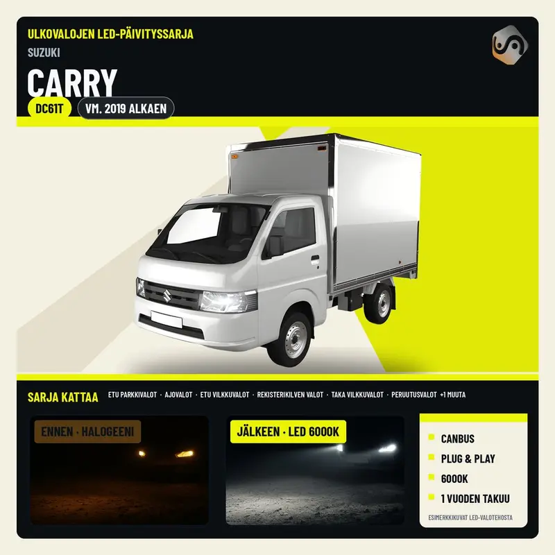 SUZUKI CARRY 2019--> LED-päivityssarja ulkovaloihin (ajovalot, vilkut, sumuvalot, peruutusvalot)