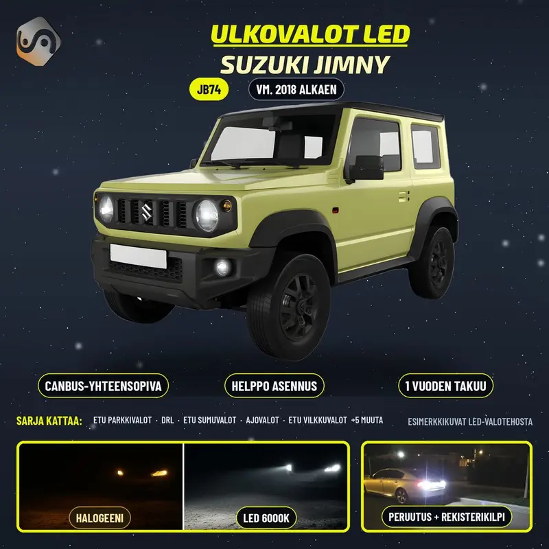 SUZUKI JIMNY 2018--> LED-päivityssarja ulkovaloihin (ajovalot, vilkut, sumuvalot, peruutusvalot)
