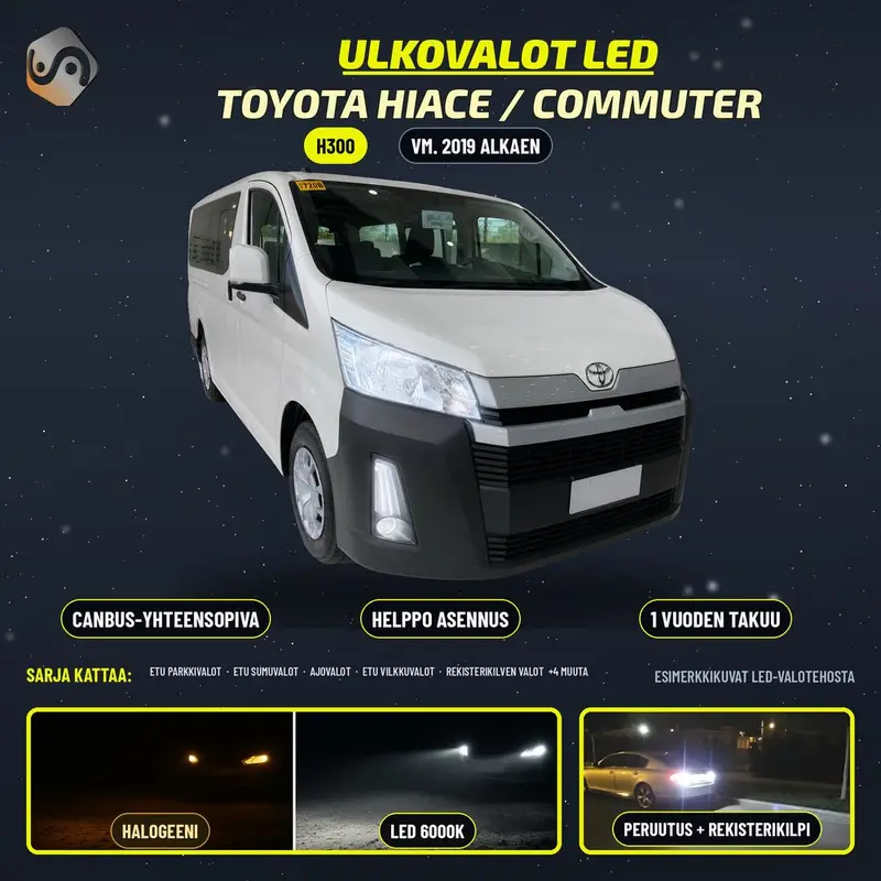 TOYOTA HIACE / COMMUTER (H300) 2019--> LED-päivityssarja ulkovaloihin (ajovalot, vilkut, sumuvalot, peruutusvalot)