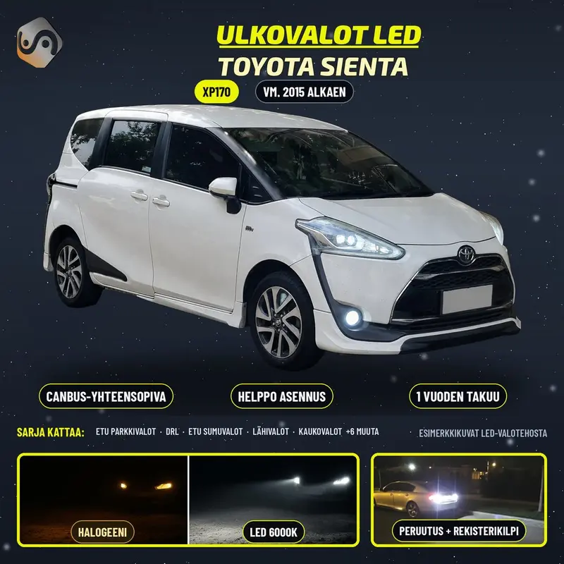 TOYOTA SIENTA (XP170) 2015--> LED-päivityssarja ulkovaloihin (ajovalot, vilkut, sumuvalot, peruutusvalot)