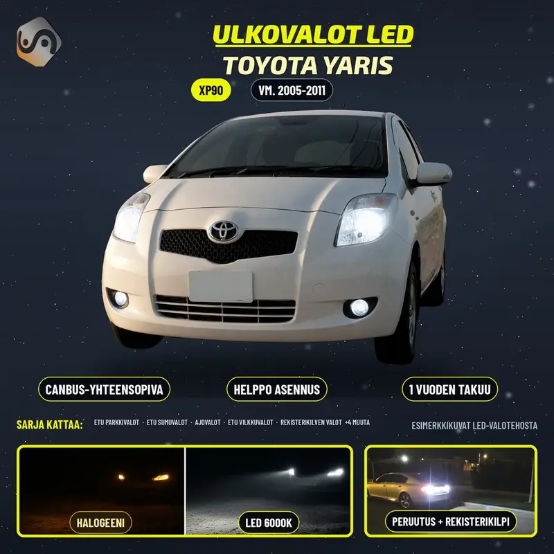 TOYOTA YARIS (XP90) 2005-2011 LED-päivityssarja ulkovaloihin (ajovalot, vilkut, sumuvalot, peruutusvalot)